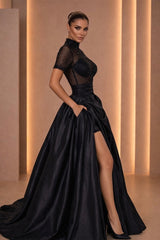 Graceful Black High Collar Short Sleeves Satin Evening Dresses A-Line Gem With High Split