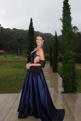 Romantic Dark Navy Straps Sleeveless Satin Evening Dresses A-Line With Pockets