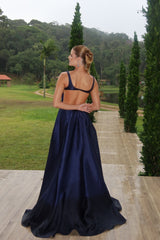 Romantic Dark Navy Straps Sleeveless Satin Evening Dresses A-Line With Pockets