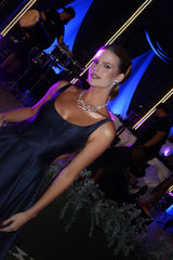 Romantic Dark Navy Straps Sleeveless Satin Evening Dresses A-Line With Pockets