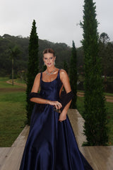 Romantic Dark Navy Straps Sleeveless Satin Evening Dresses A-Line With Pockets