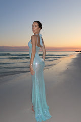 Graceful Mint Green Halter Spaghetti Straps Mermaid Evening Dresses Column With Zipper