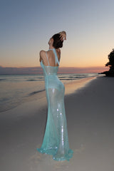 Graceful Mint Green Halter Spaghetti Straps Mermaid Evening Dresses Column With Zipper