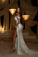 Stunning Silver Asymmetrical Mermaid Evening Dresses Sheath High Split With Pearl Gem