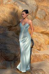 Romantic Dusty Blue Sweetheart Spaghetti Straps Sleeveless Satin Backless Evening Dresses