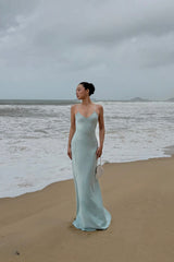Romantic Dusty Blue Sweetheart Spaghetti Straps Sleeveless Satin Backless Evening Dresses
