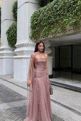 Graceful Strapless Sleeveless Chiffon Evening Dresses Long With Pleats