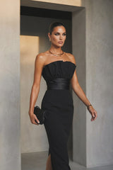 Glamorous Black Strapless Sleeveless Satin Evening Dresses Mermaid With Zipper Pleats