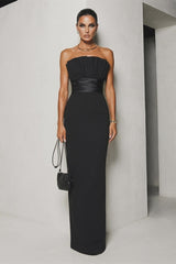 Glamorous Black Strapless Sleeveless Satin Evening Dresses Mermaid With Zipper Pleats