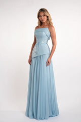 Graceful Dusty Blue Strapless Sleeveless Chiffon Sequins Evening Dresses Long With Lace-Up Back