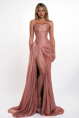 Romantic Dusty Rose Strapless Sleeveless Mermaid Evening Dresses High Split With Pleats Lace-Up Back