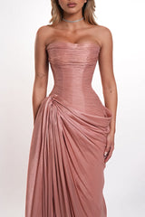 Romantic Dusty Rose Strapless Sleeveless Mermaid Evening Dresses High Split With Pleats Lace-Up Back