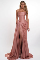 Romantic Dusty Rose Strapless Sleeveless Mermaid Evening Dresses High Split With Pleats Lace-Up Back