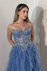 Glamorous Blue Sweetheart Strapless Sleeveless Tulle Evening Dresses A-Line With Beads