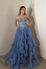 Glamorous Blue Sweetheart Strapless Sleeveless Tulle Evening Dresses A-Line With Beads