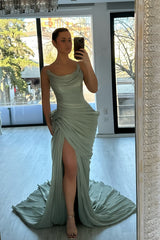 Glamorous Strapless Sleeveless Mermaid Evening Dresses High Split With Pleats