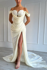 Graceful Off-The-Shoulder Sweetheart Mermaid Evening Dresses Side Split With Pleats