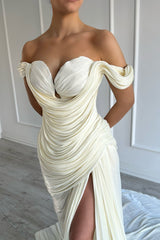 Graceful Off-The-Shoulder Sweetheart Mermaid Evening Dresses Side Split With Pleats