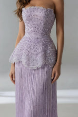 Dazzling Lilac Strapless Sleeveless Evening Dresses Pearl With Tassel Zipper