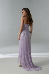 Dazzling Lilac Strapless Sleeveless Evening Dresses Pearl With Tassel Zipper