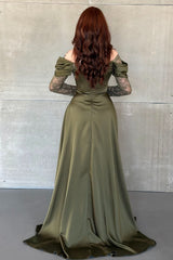 Romantic Green Long Sleeves Satin Evening Dresses A-Line High Split With Pleats