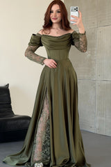 Romantic Green Long Sleeves Satin Evening Dresses A-Line High Split With Pleats