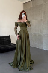 Romantic Green Long Sleeves Satin Evening Dresses A-Line High Split With Pleats