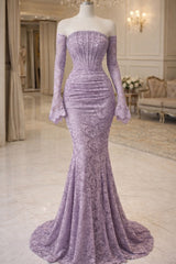Pretty Lilac Strapless Long Sleeves Mermaid Evening Dresses Sheath Pearl With Zipper