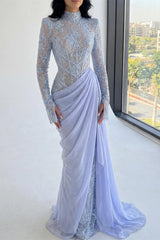 Dazzling High Collar Long Sleeves Mermaid Evening Dresses Sheath With Pleats