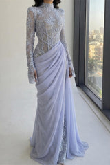 Dazzling High Collar Long Sleeves Mermaid Evening Dresses Sheath With Pleats