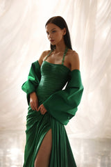 Glamorous Emerald Green Halter Sleeveless Mermaid Evening Dresses Side Split With Pleats