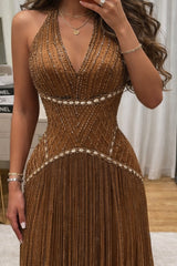 Dazzling Brown V-Neck Halter Sleeveless Evening Dresses Gem Sheath With Beads