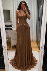 Dazzling Brown V-Neck Halter Sleeveless Evening Dresses Gem Sheath With Beads