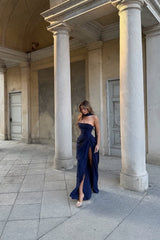 Glamorous Dark Navy Strapless Sleeveless Mermaid Evening Dresses High Split With Pleats