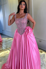 Dazzling Straps Sleeveless Satin Evening Dresses A-Line Gem With Pleats