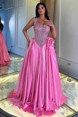 Dazzling Straps Sleeveless Satin Evening Dresses A-Line Gem With Pleats