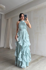 Romantic Halter Sleeveless Chiffon Evening Dresses Long With Pleats Ruffles