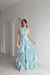 Romantic Halter Sleeveless Chiffon Evening Dresses Long With Pleats Ruffles