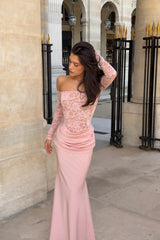 Glamorous Pink Long Sleeves Satin Lace Evening Dresses Mermaid With Zipper Pleats