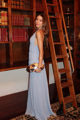 Graceful Blue Halter Sleeveless Chiffon Evening Dresses Backless With Pleats