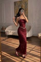 Dazzling Burgundy Halter Sleeveless Evening Dresses Sheath Gem With Beads