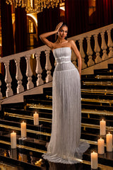 Graceful White Strapless Sleeveless Evening Dresses Beads Pleats With Lace-Up Back