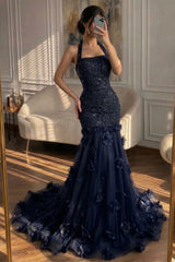 Romantic Dark Navy Halter Sleeveless Mermaid Evening Dresses Column With Beads Flower