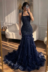 Romantic Dark Navy Halter Sleeveless Mermaid Evening Dresses Column With Beads Flower