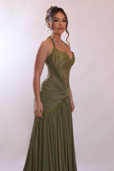 Romantic Moss Halter Sweetheart Sleeveless Evening Dresses Lace Long With Pleats
