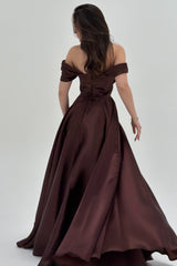 Graceful Chocolate Off The Shoulder Satin Evening Dresses A-Line Gem With Lace-Up Back
