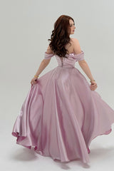 Graceful Chocolate Off The Shoulder Satin Evening Dresses A-Line Gem With Lace-Up Back