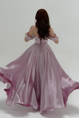 Graceful Chocolate Off The Shoulder Satin Evening Dresses A-Line Gem With Lace-Up Back