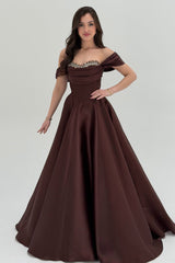 Graceful Chocolate Off The Shoulder Satin Evening Dresses A-Line Gem With Lace-Up Back