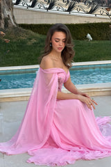 Timeless Pink One shoulder Sweetheart Chiffon Evening Dresses Gem With Lace-Up Back